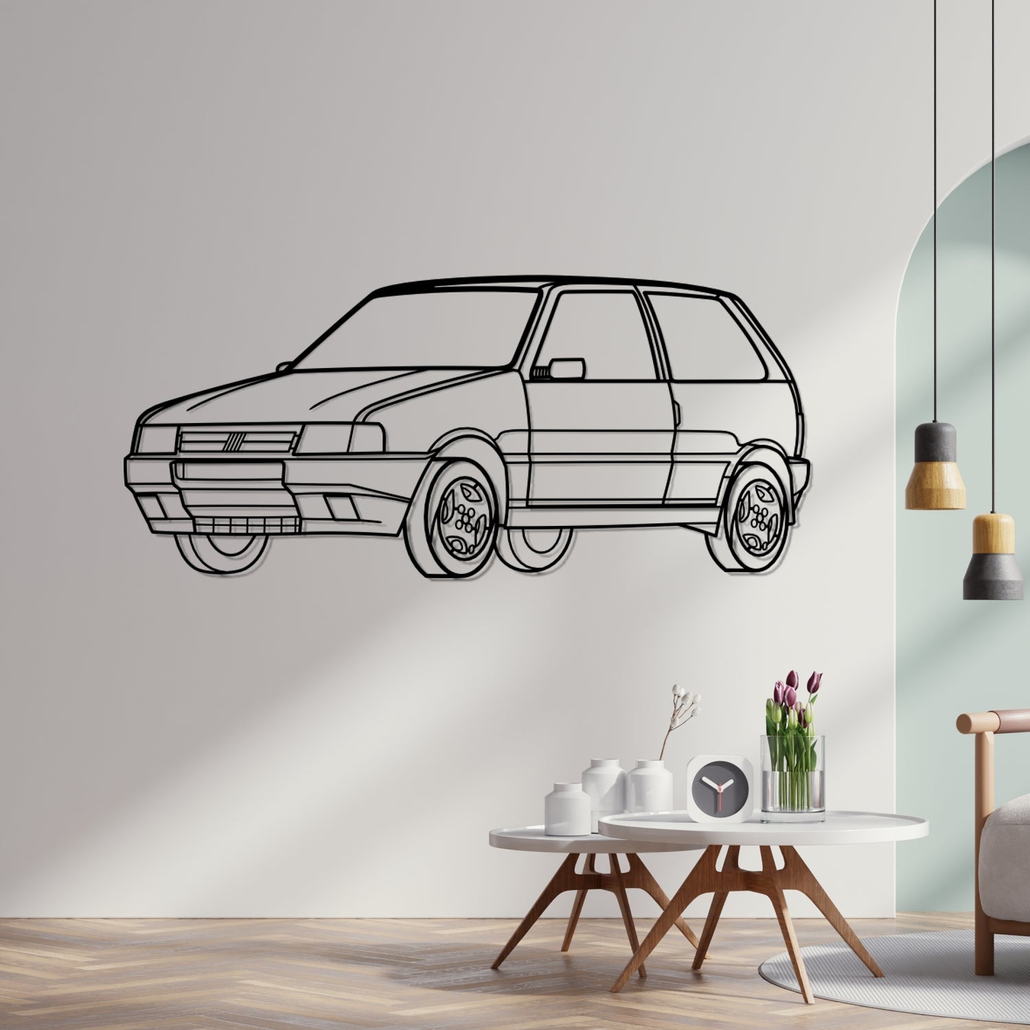 Fiat Uno (1982-1995) - 3D Front Perspective - Metal Silhouette