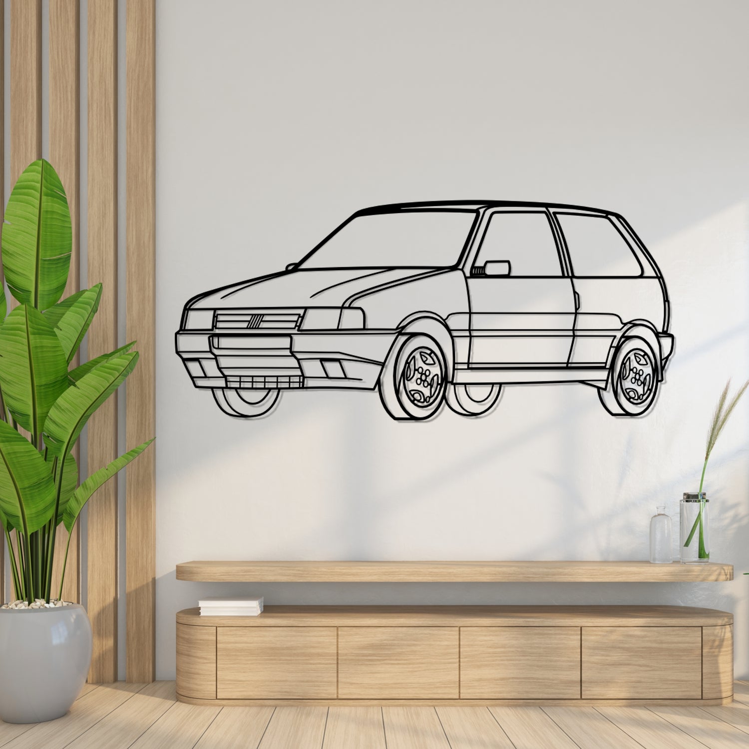 Fiat Uno (1982-1995) - 3D Front Perspective - Metal Silhouette