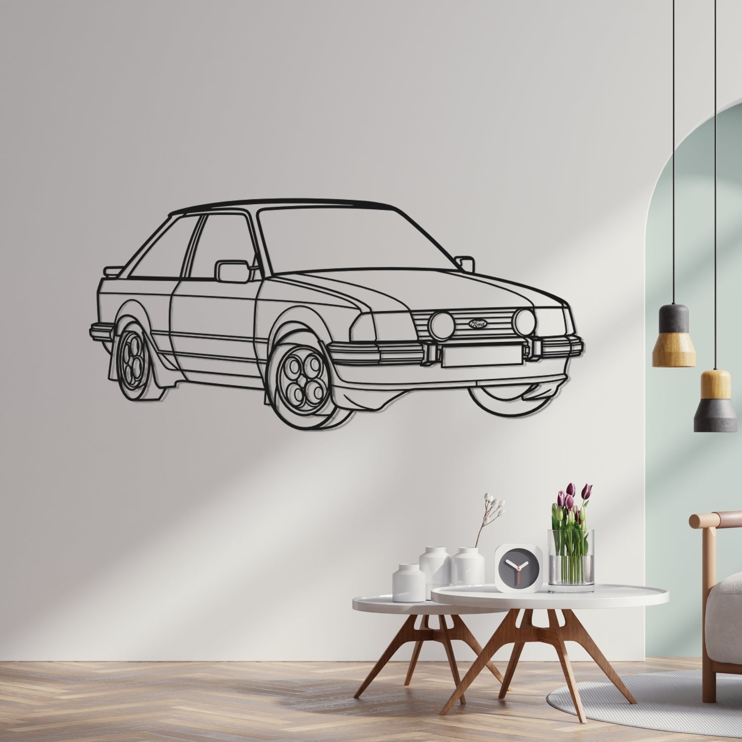 Ford Escort XR3 (1980-1986) - Perspetiva 3D Frente - Silhueta de Metal