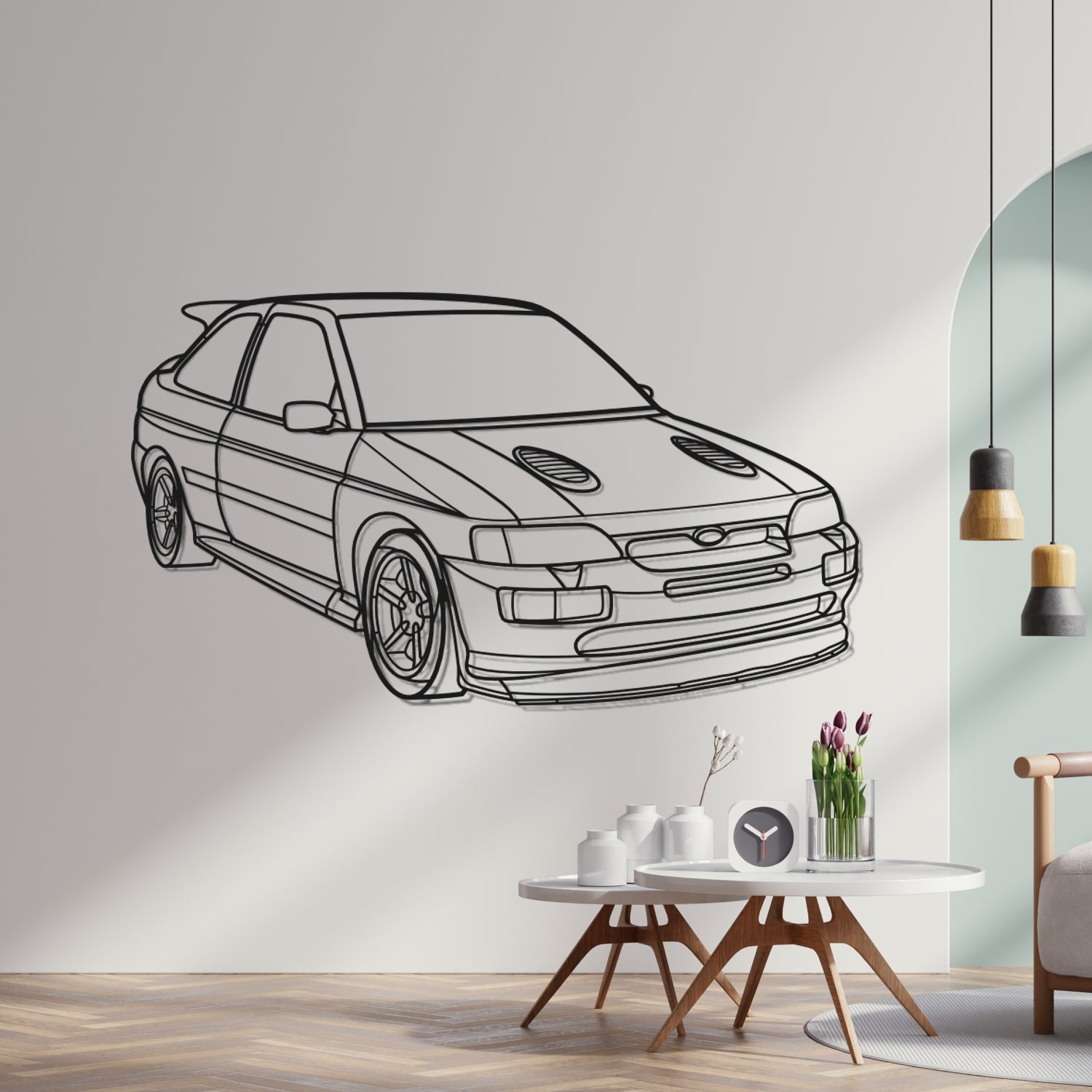 Ford Escort Cosworth (1992-1996) - Perspetiva 3D Frente - Silhueta de Metal