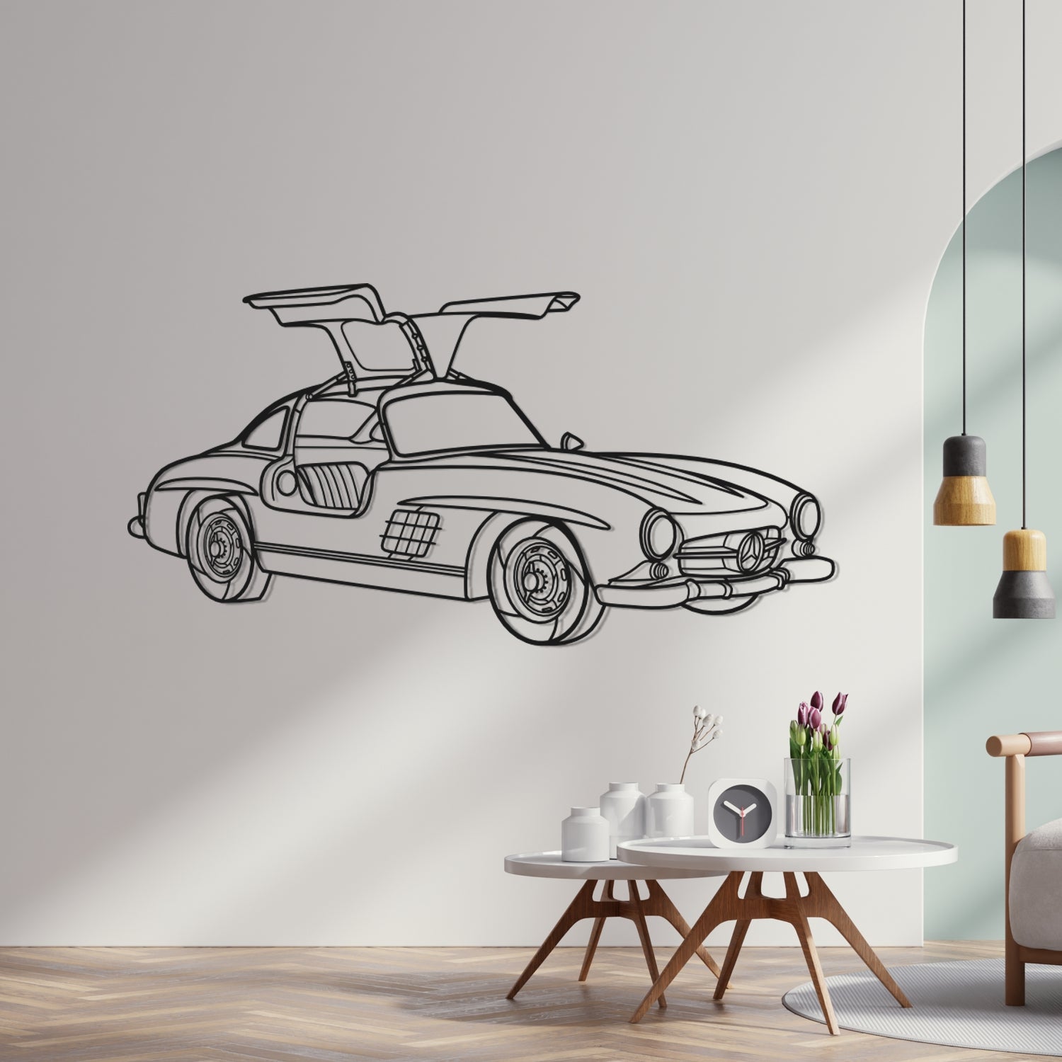 Mercedes SL 300 Gullwing (1954-1957)- Perspetiva 3D Frente - Silhueta de Metal