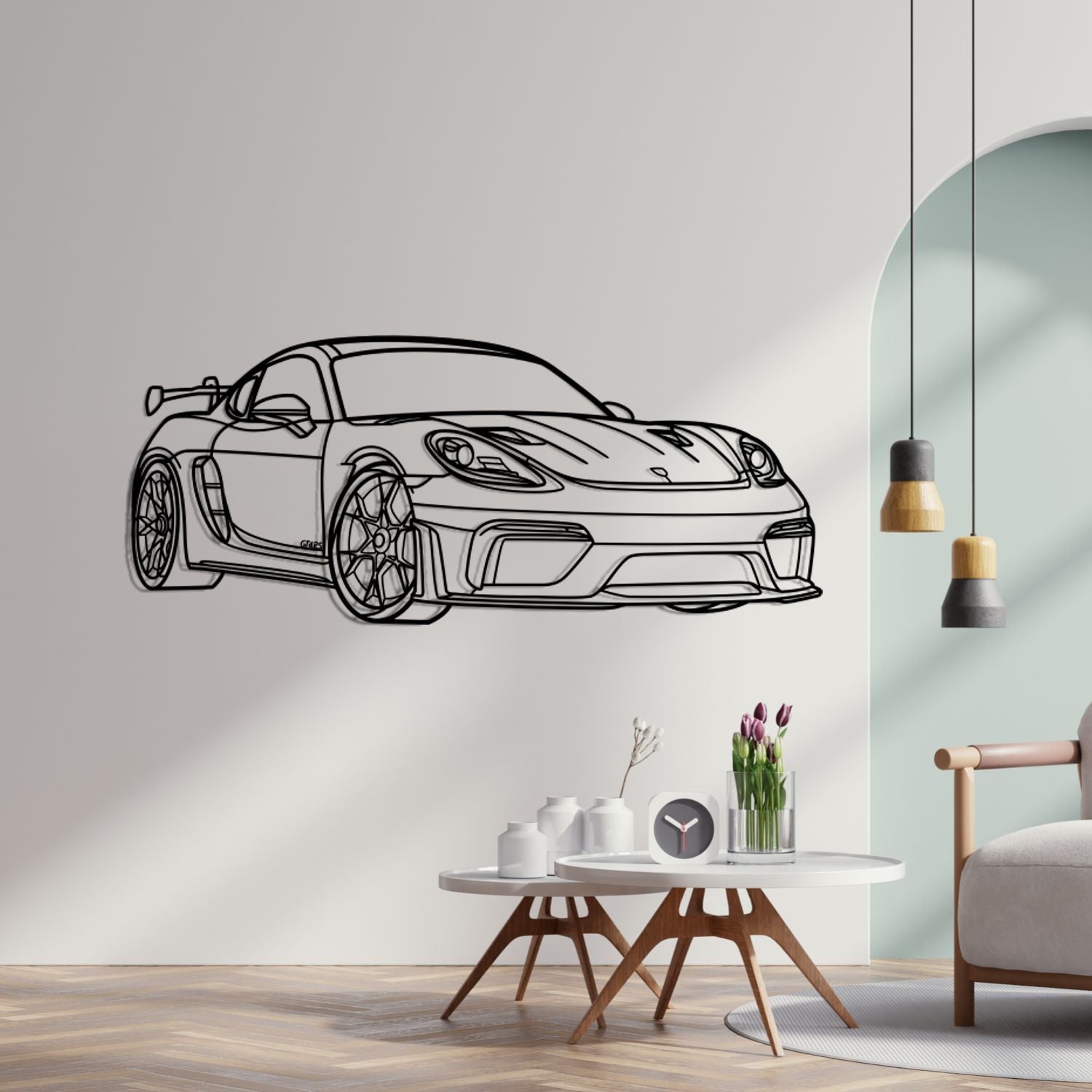 Porsche 718 Cayman GT4 RS (2021-2026) - Perspetiva 3D Frente - Silhueta de Metal