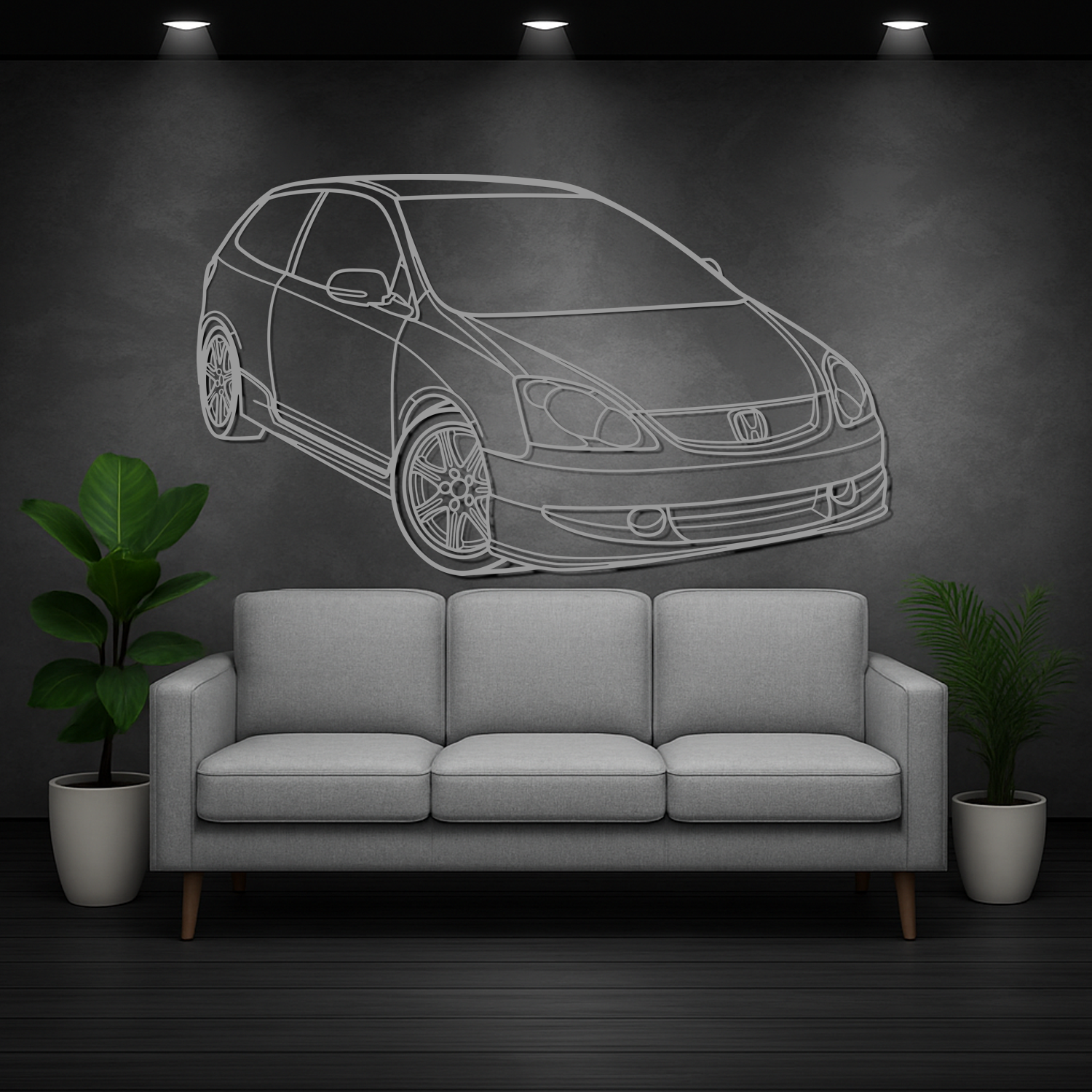 Honda Civic Type R EP3 (2001-2005) – 3D-Frontperspektive – Metallsilhouette