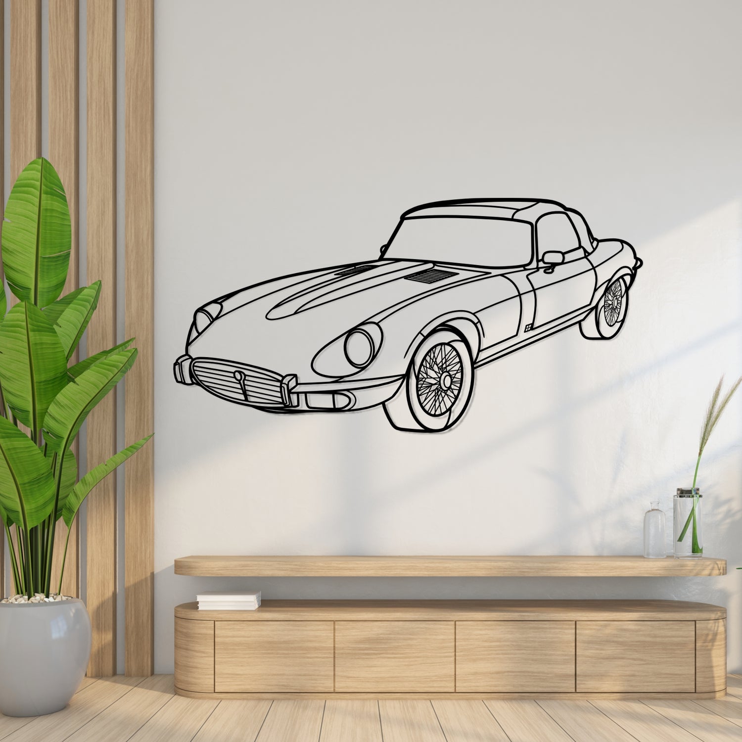 Jaguar E-type Coupe - Perspetiva 3D Frente - Silhueta de Metal