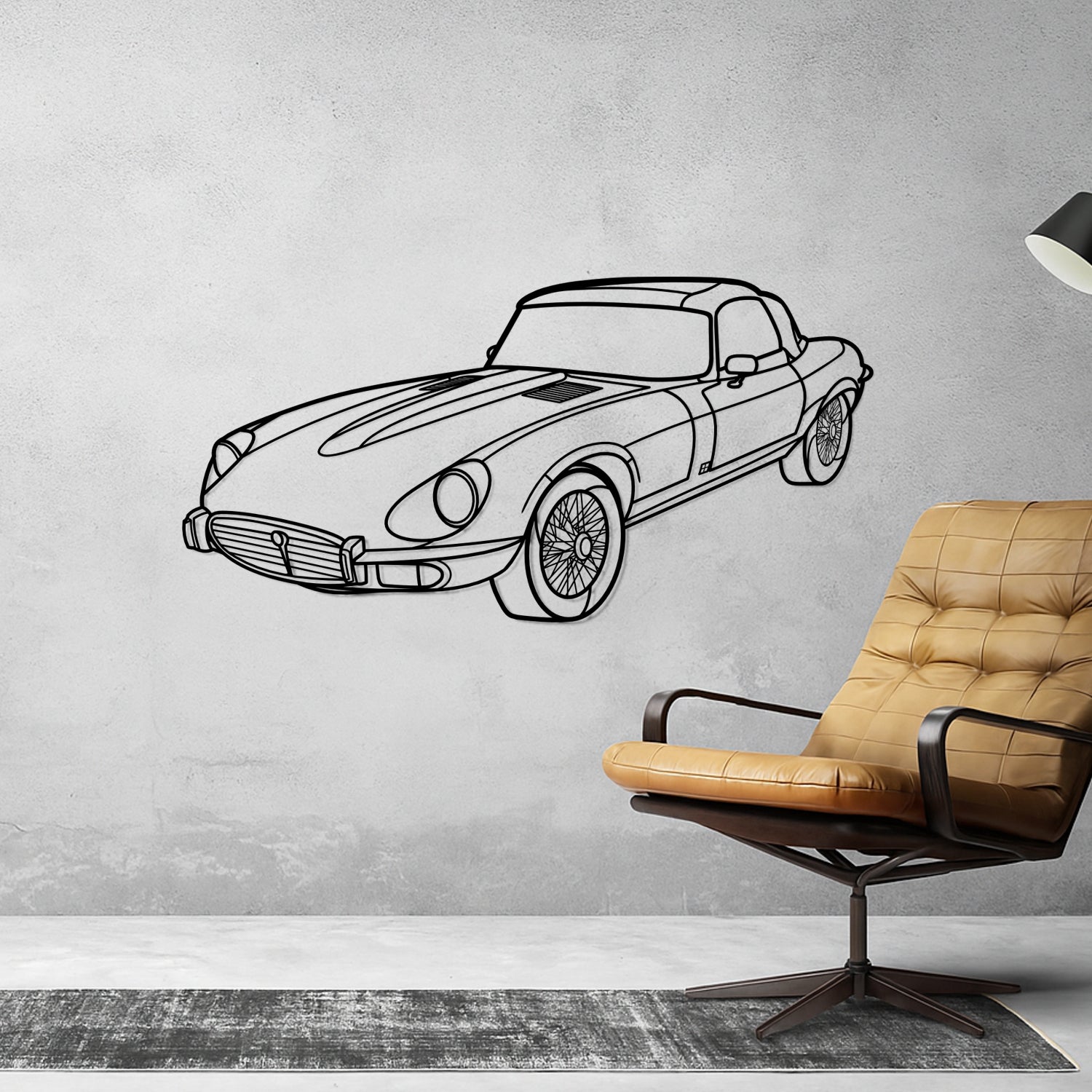 Jaguar E-type Coupe - Perspetiva 3D Frente - Silhueta de Metal