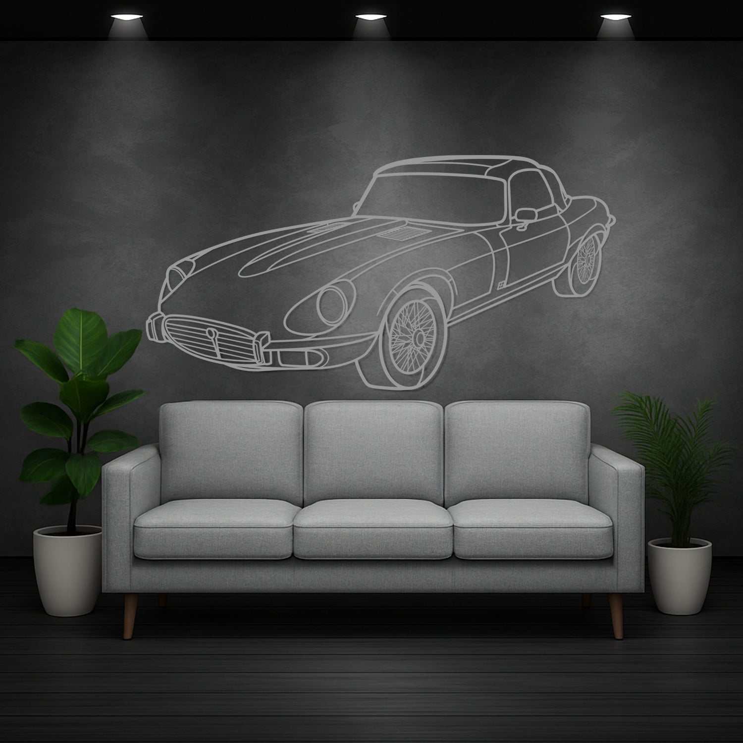 Jaguar E-type Coupe - Perspetiva 3D Frente - Silhueta de Metal