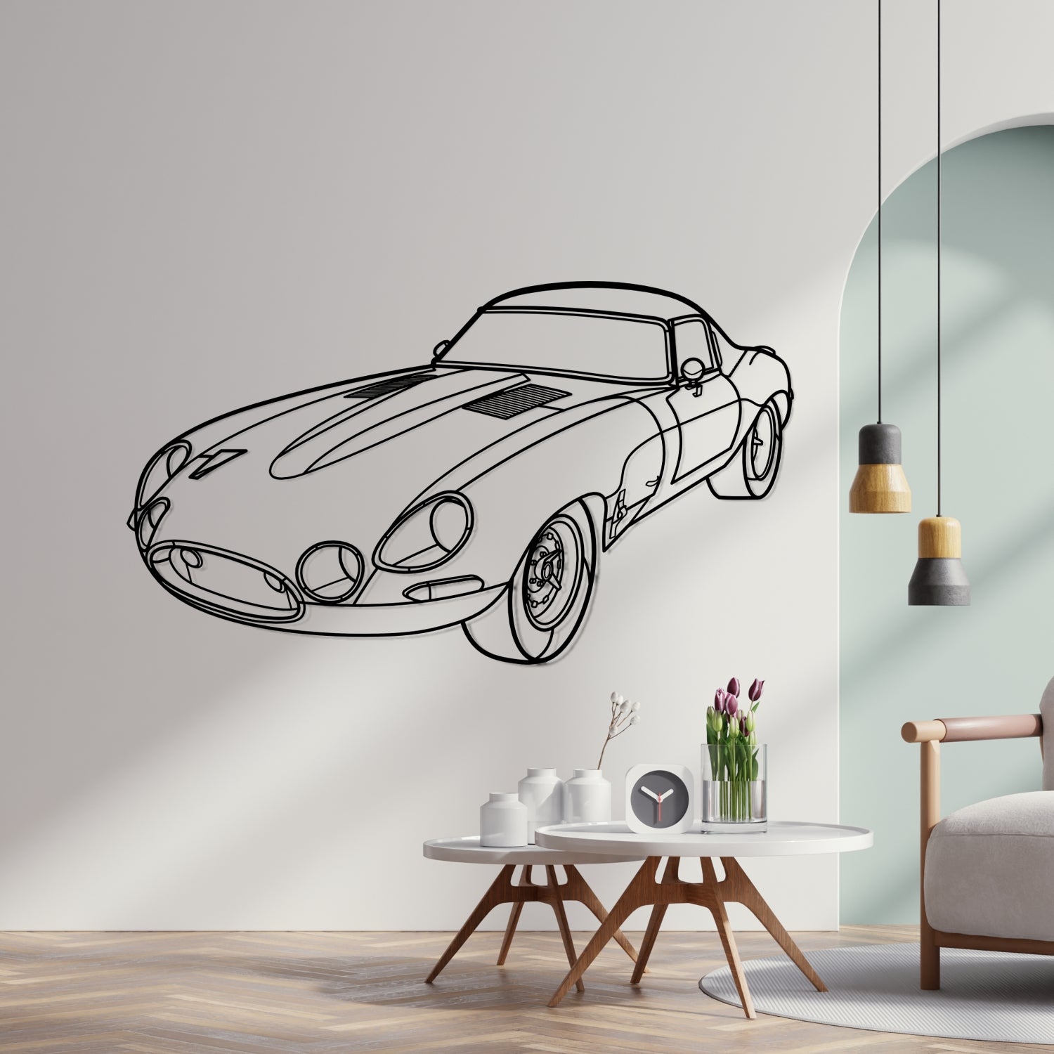 Jaguar E-Type Low Drag (1963-1964) - Perspetiva 3D Frente - Silhueta de Metal