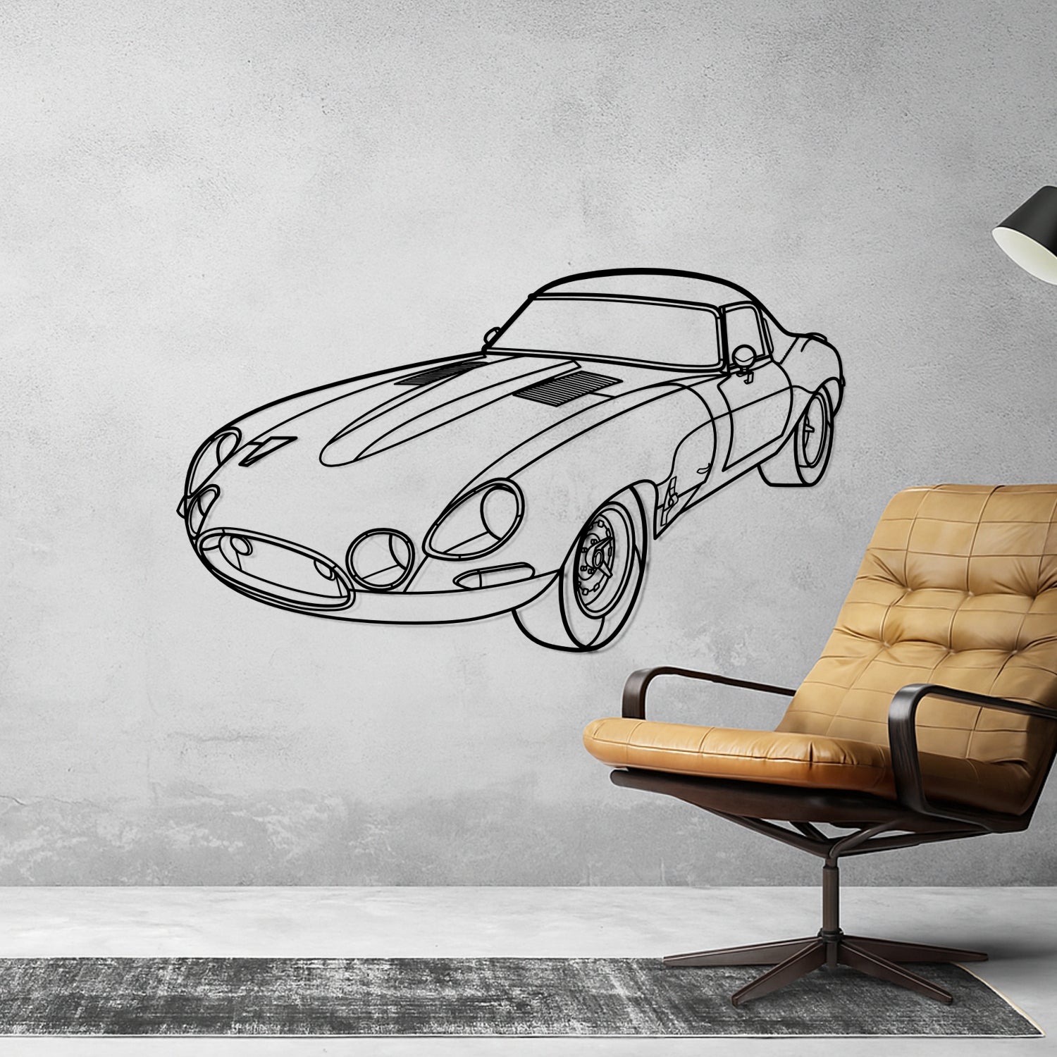 Jaguar E-Type Low Drag (1963-1964) - Perspetiva 3D Frente - Silhueta de Metal