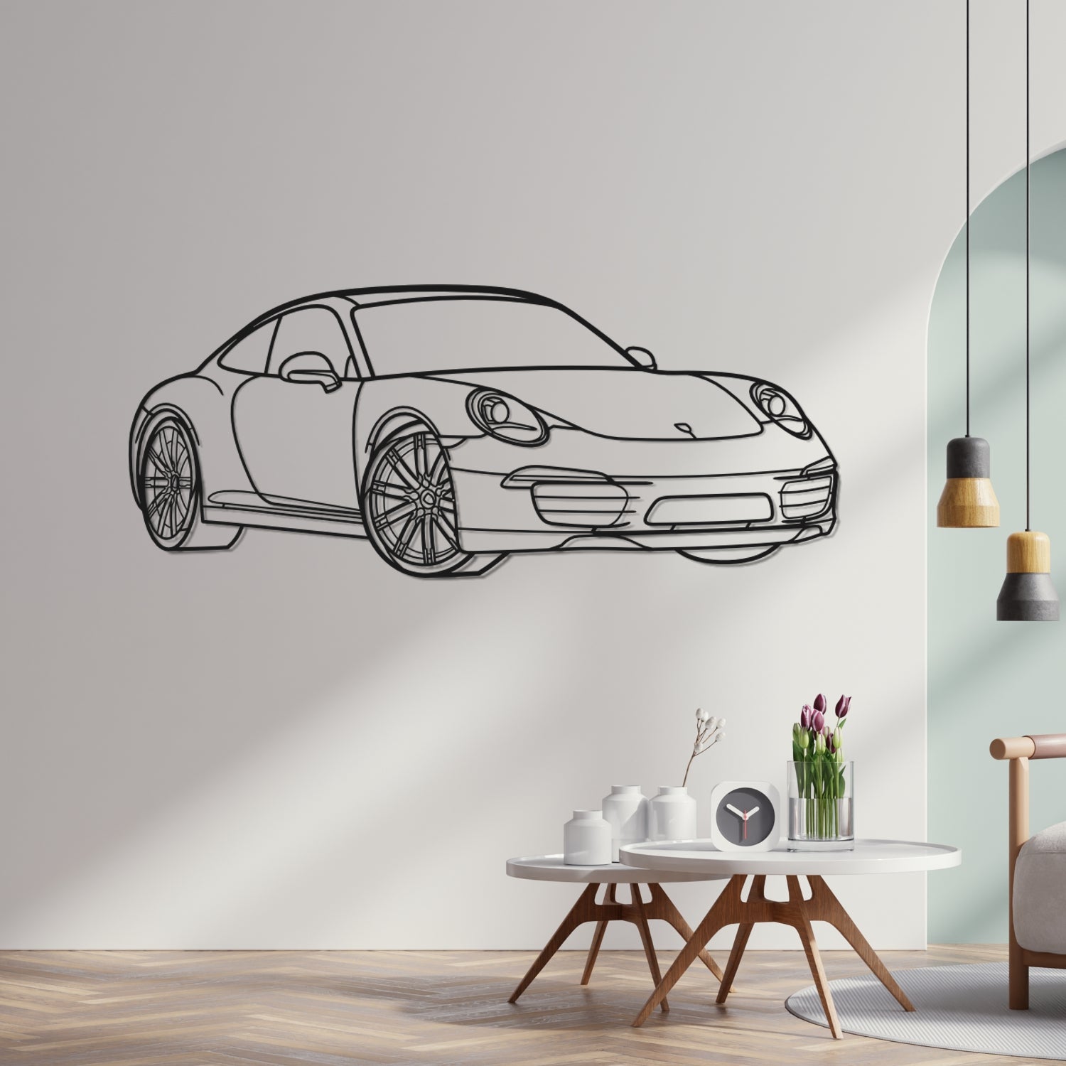 Porsche 911 991.1 Carrera com Jantes Turbo (2011-2016) - Perspetiva 3D Frente - Silhueta de Metal