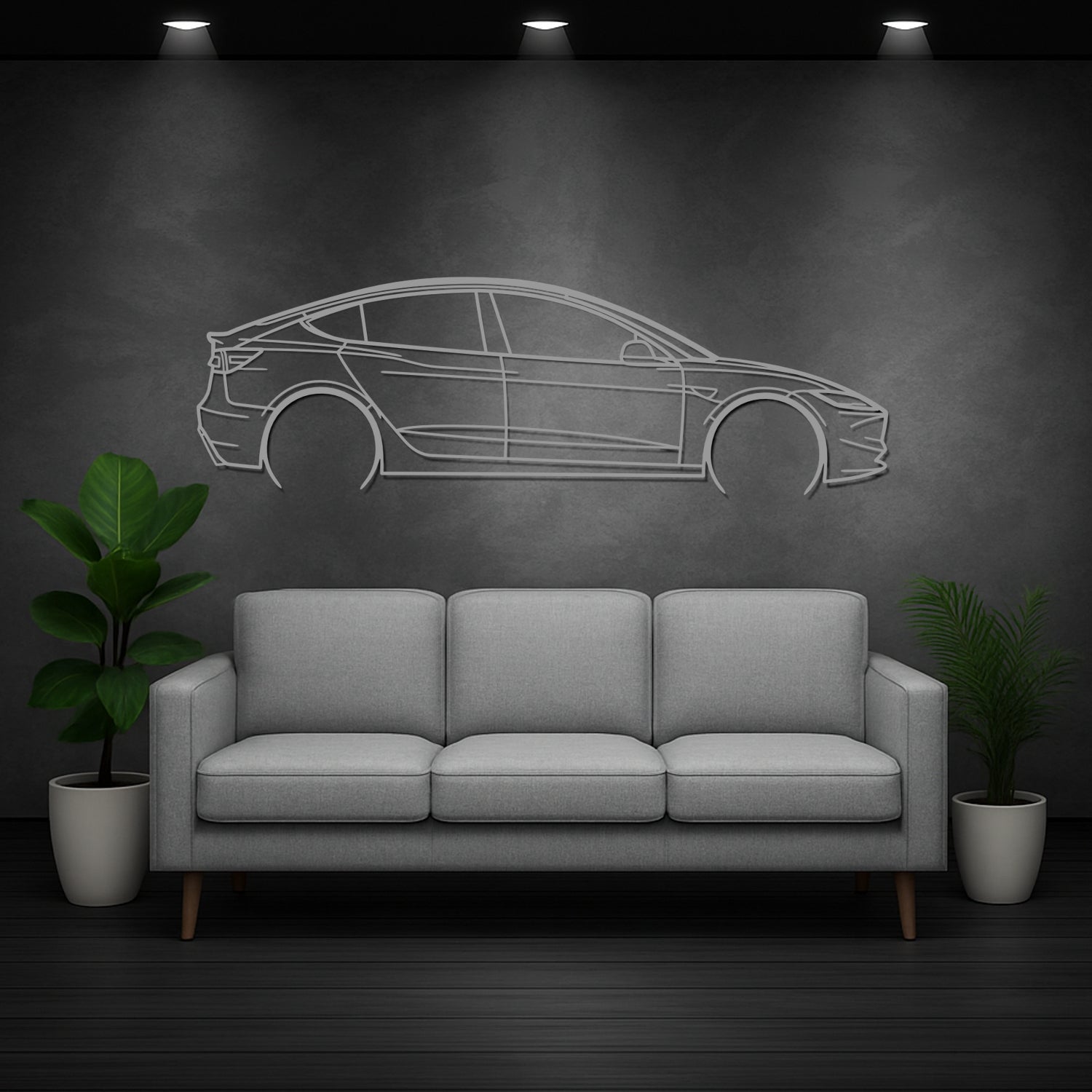 Tesla Model 3 (2025) - Perspetiva Lateral - Silhueta de Metal