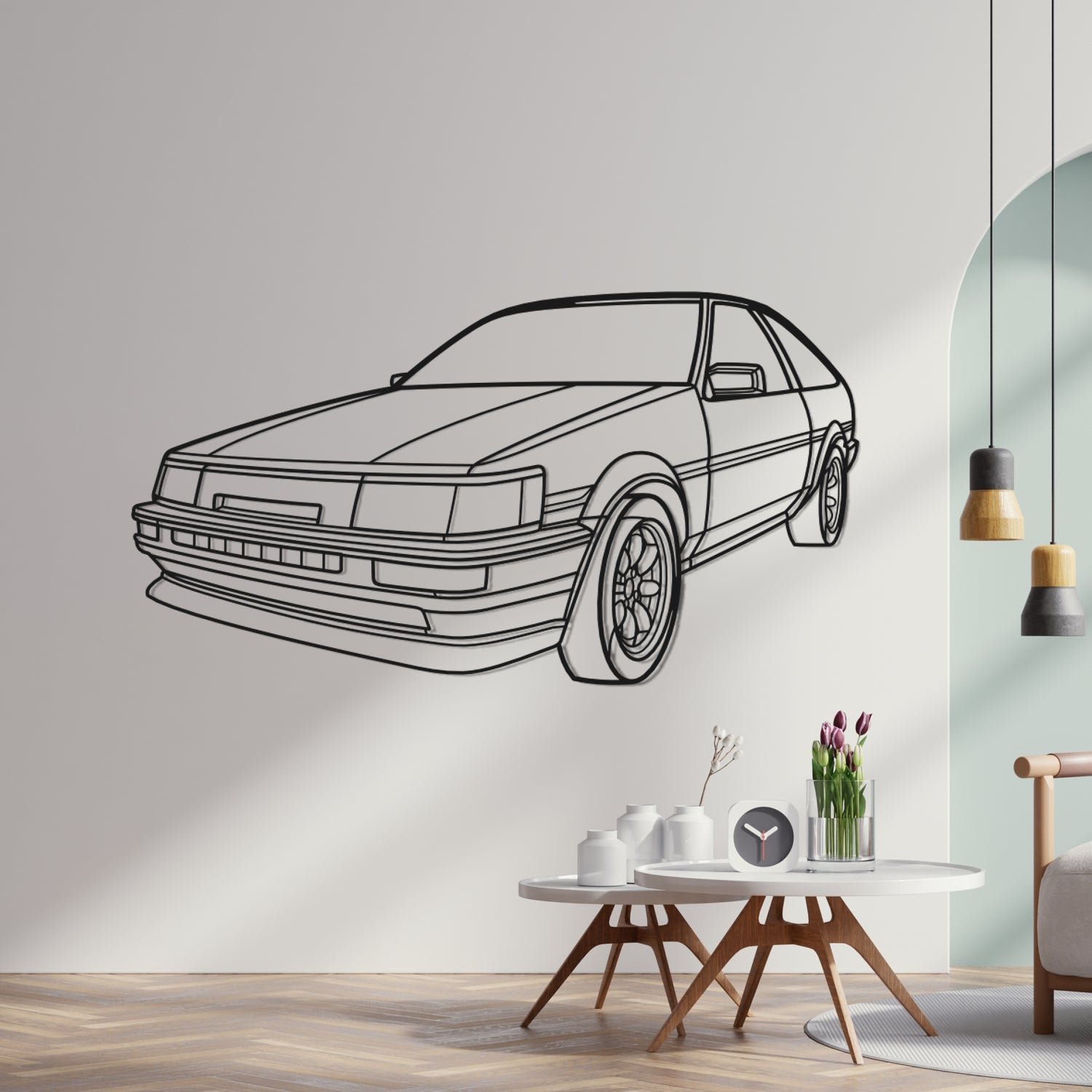Toyota Corolla AE85 Levin (1983-1987) - Perspetiva 3D Frente - Silhueta de Metal