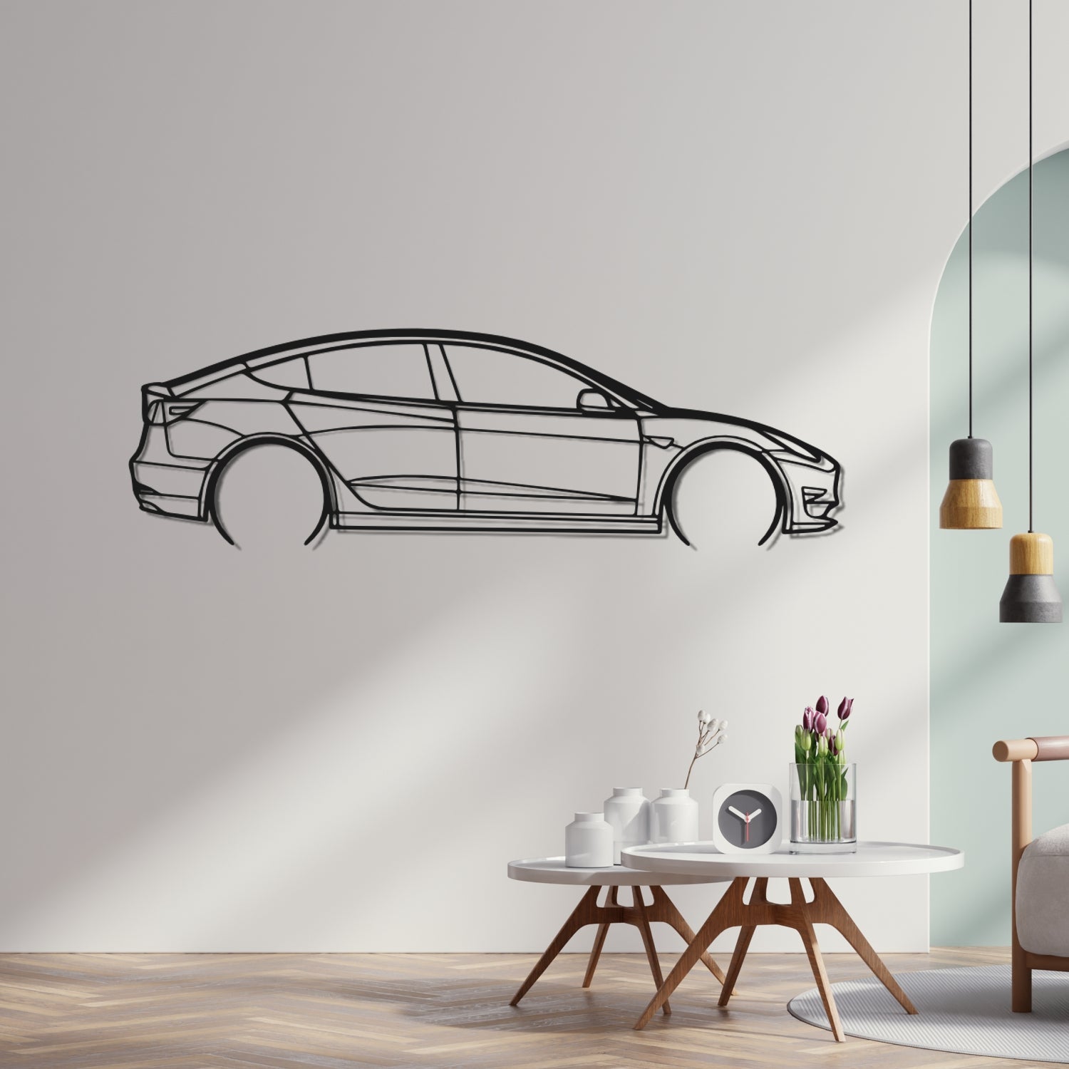 Tesla Model 3 Side View - Metal Wall Silhouette