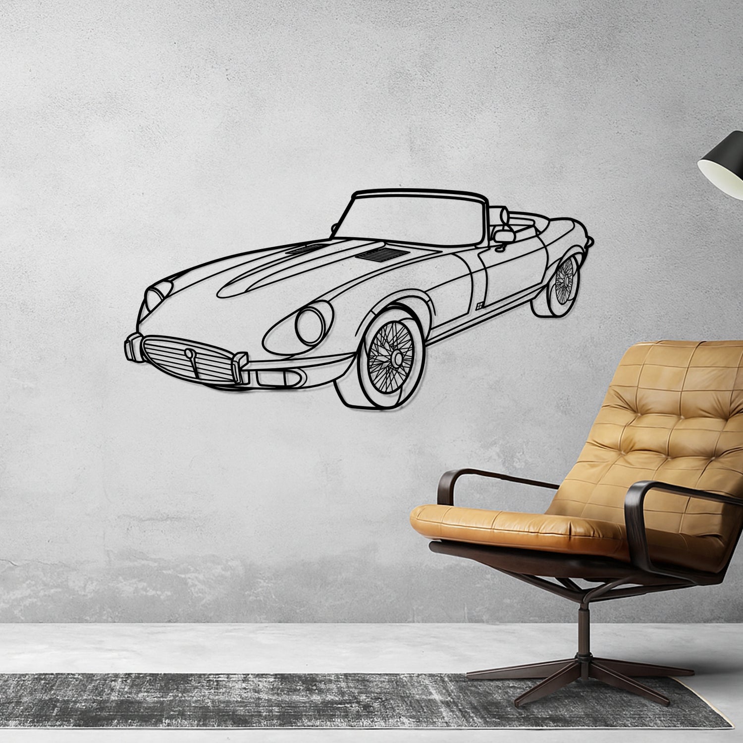 Jaguar E-Type Cabrio - Perspetiva 3D Frente - Silhueta de Metal