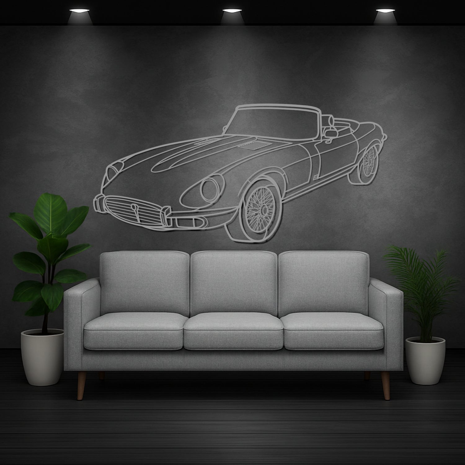 Jaguar E-Type Cabrio - Perspetiva 3D Frente - Silhueta de Metal