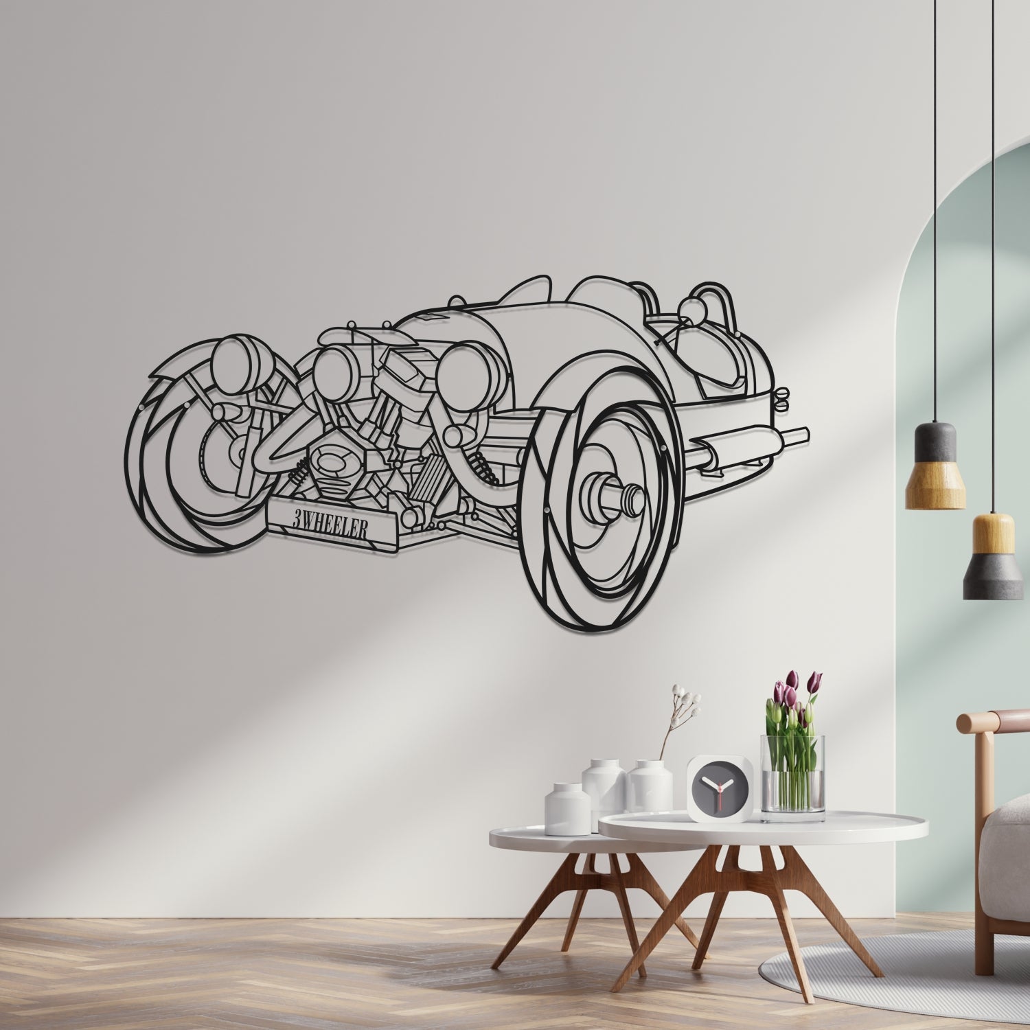 Morgan 3 Wheeler 3D Front View - Metal Wall Silhouette