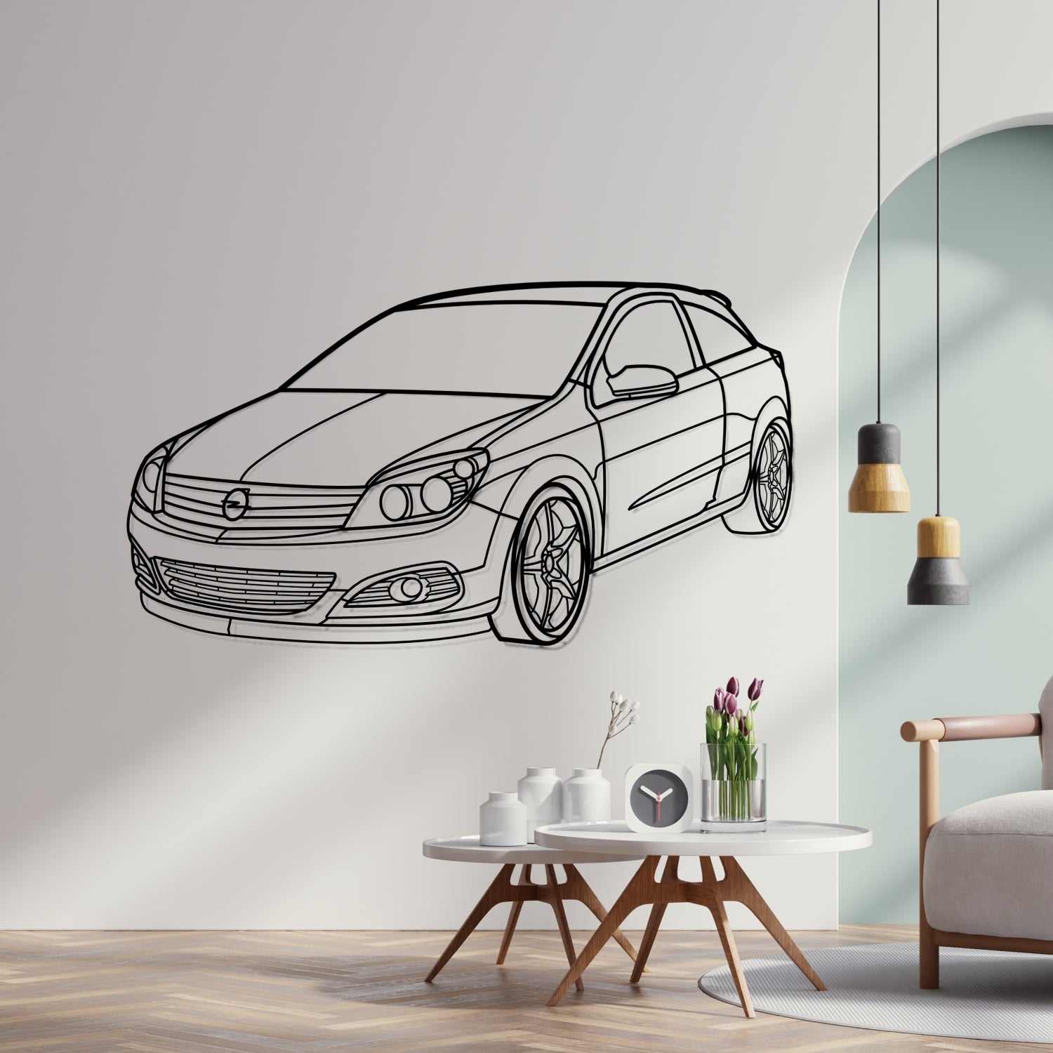 Opel Astra GTC 1.4 (2005-2011) - Perspetiva 3D Frente - Silhueta de Metal