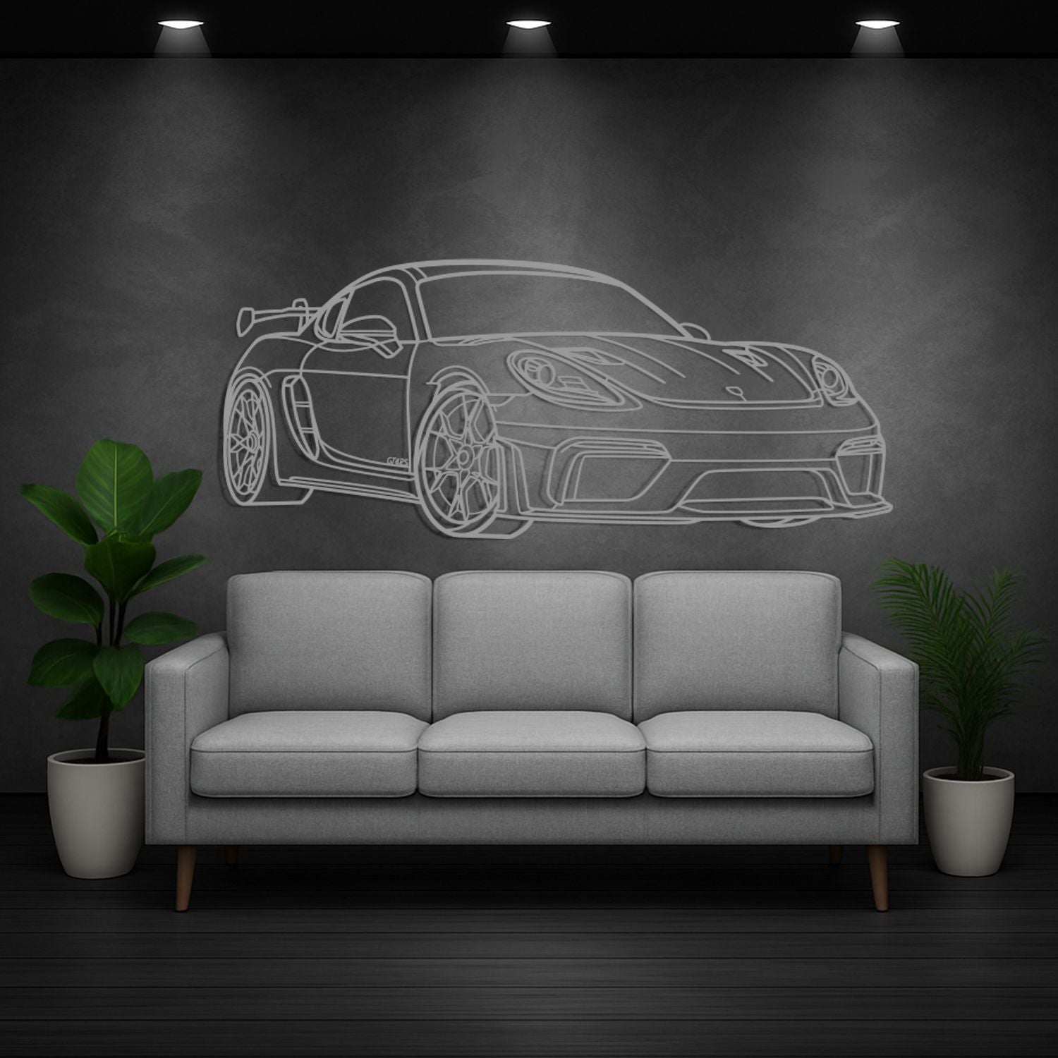 Porsche 718 Cayman GT4 RS (2021-2026) - Perspetiva 3D Frente - Silhueta de Metal