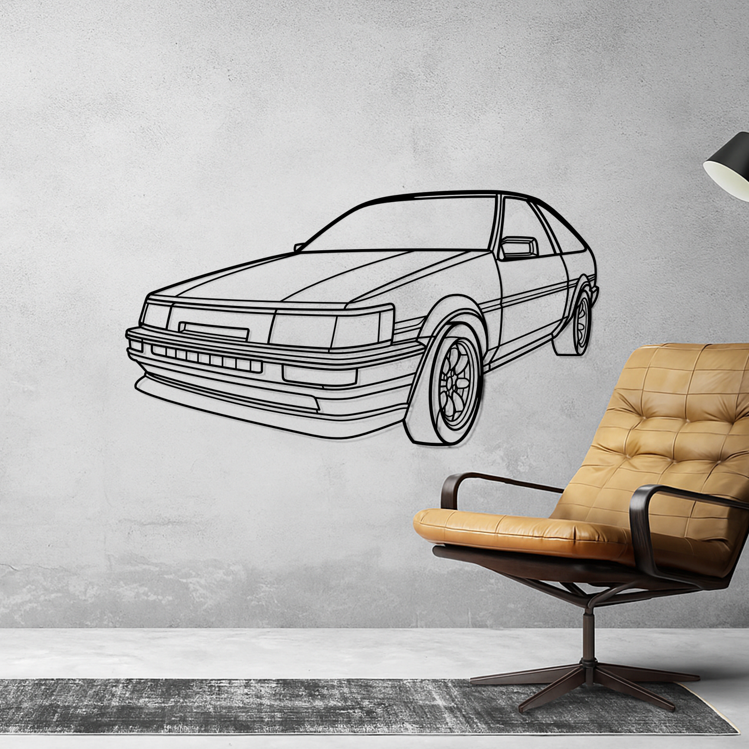 Toyota Corolla AE85 Levin (1983-1987) - Perspetiva 3D Frente - Silhueta de Metal