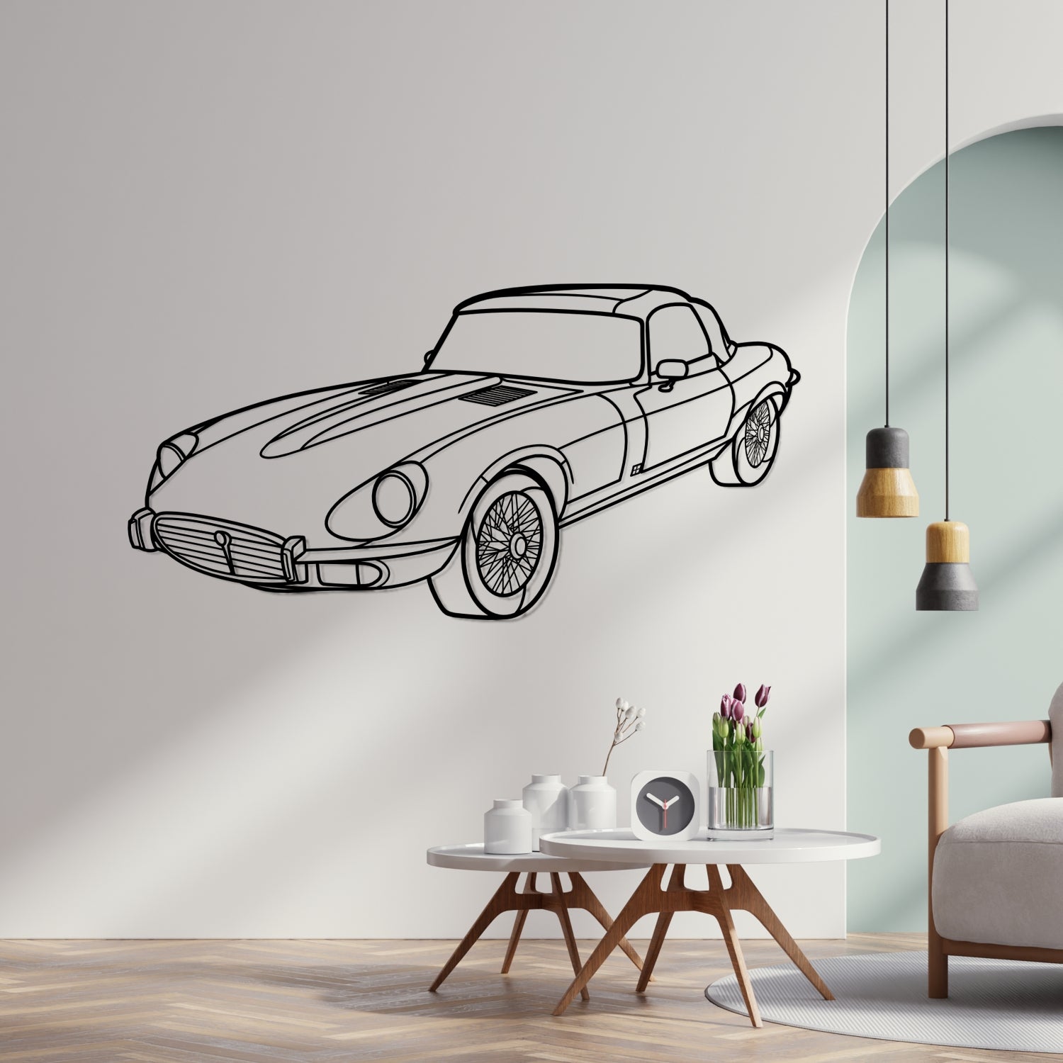 Jaguar E-type Coupe - Perspetiva 3D Frente - Silhueta de Metal