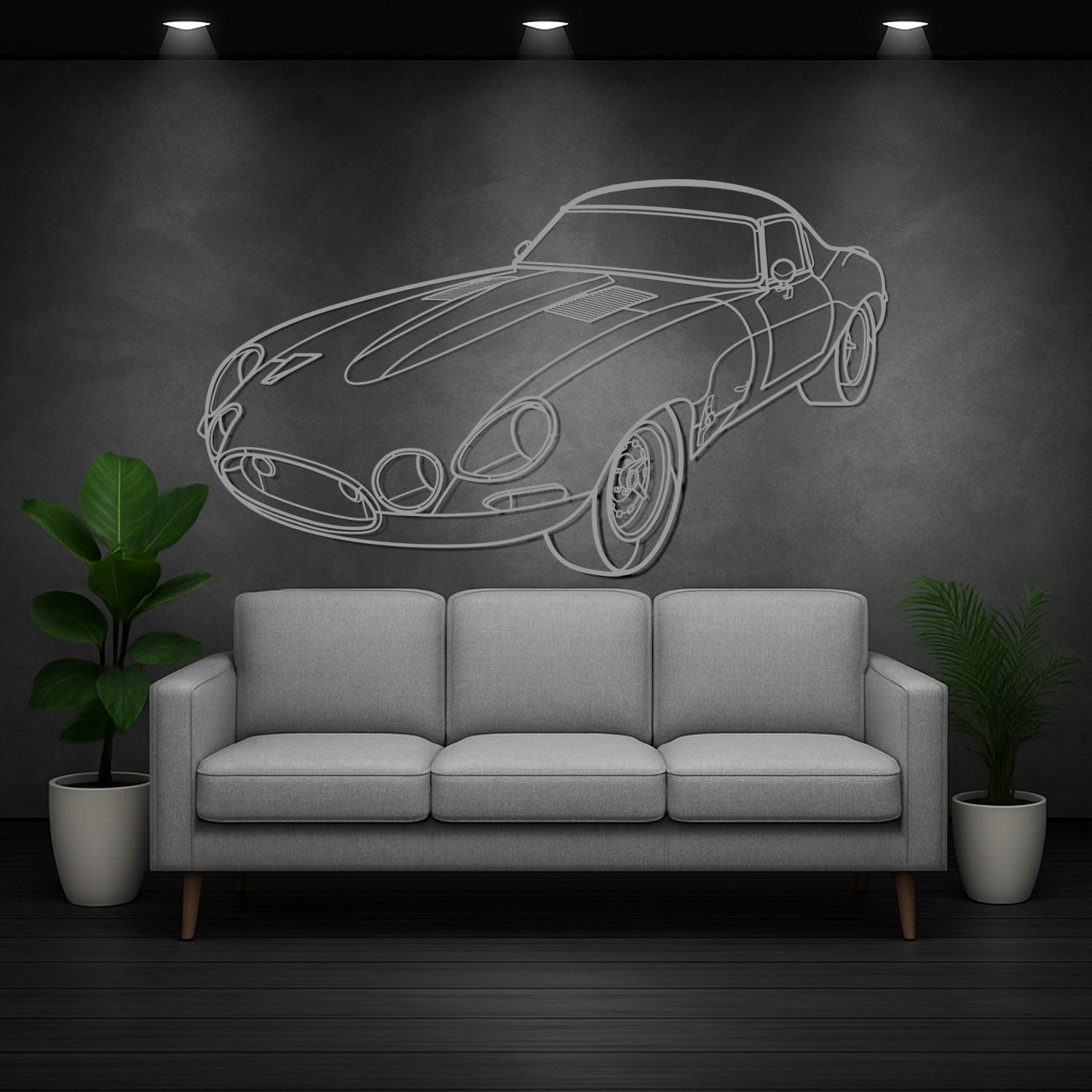 Jaguar E-Type Low Drag (1963-1964) - Perspetiva 3D Frente - Silhueta de Metal