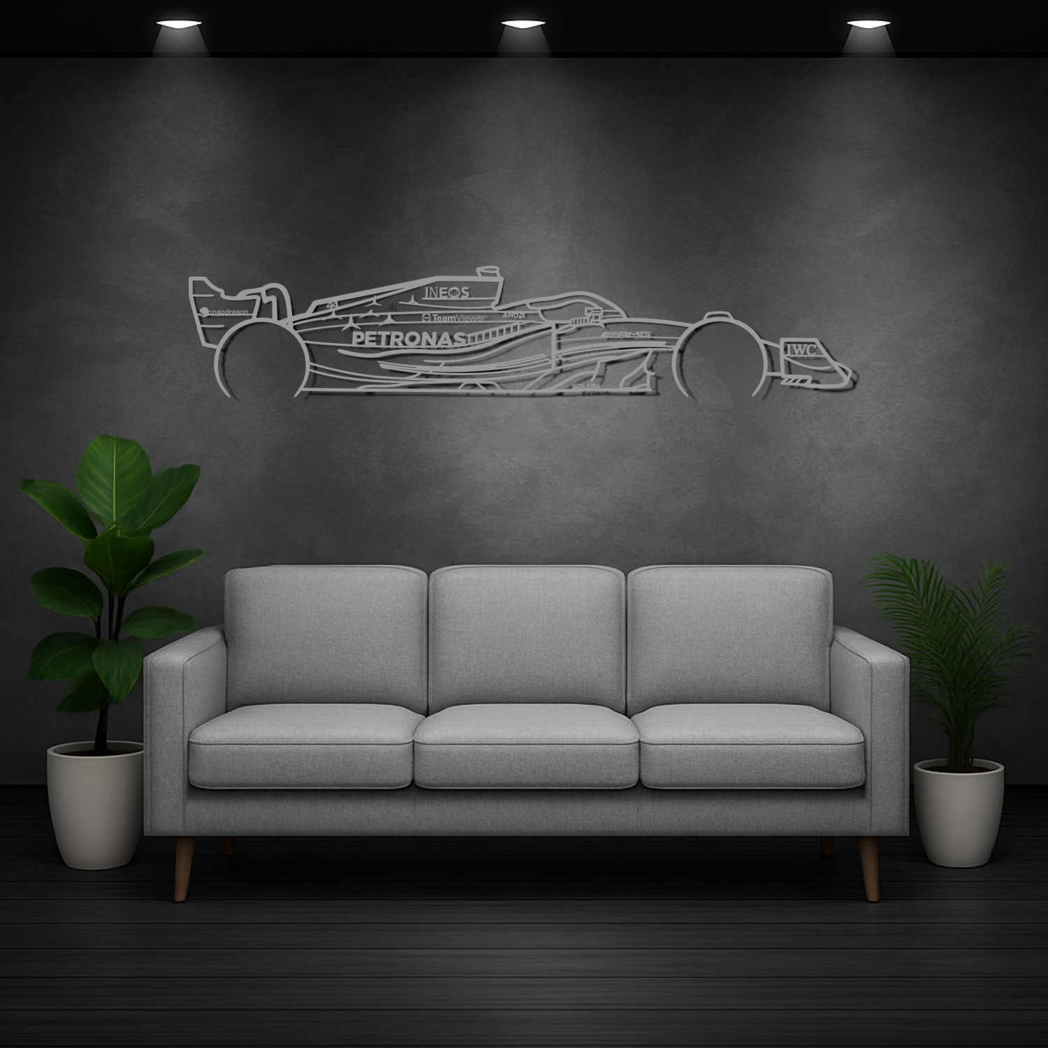 Mercedes-AMG F1 W15 E Perfomance Lewis Hamilton (2024) - Perspetiva Lateral - Silhueta de Metal
