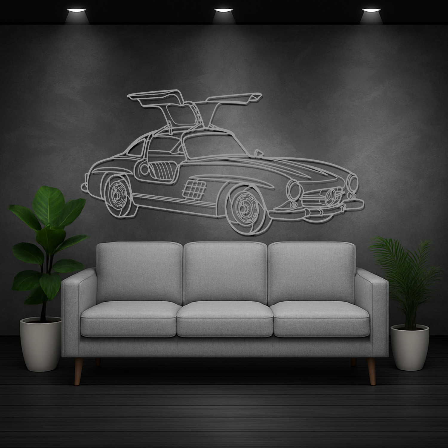 Mercedes SL 300 Gullwing (1954-1957)- Perspetiva 3D Frente - Silhueta de Metal