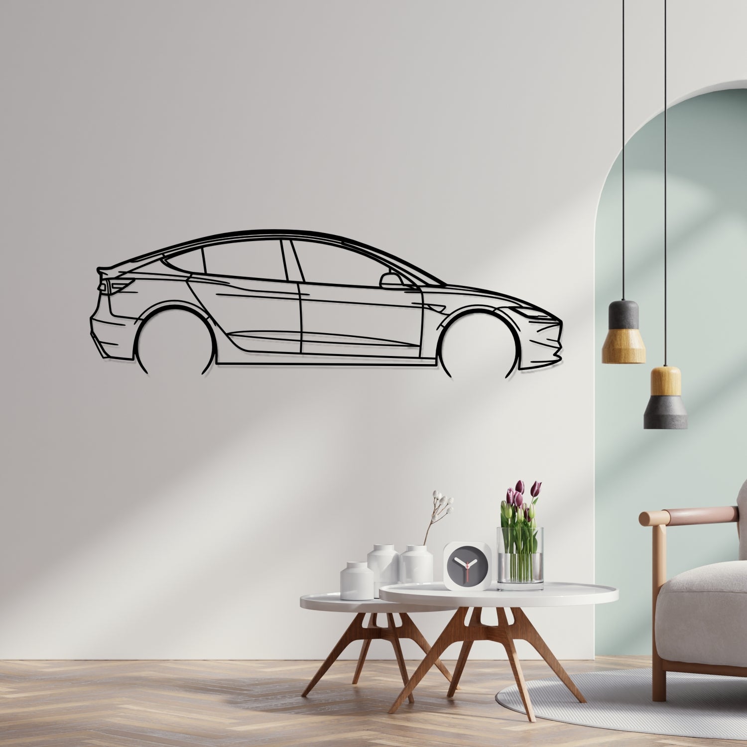 Tesla Model 3 (2025) - Perspetiva Lateral - Silhueta de Metal