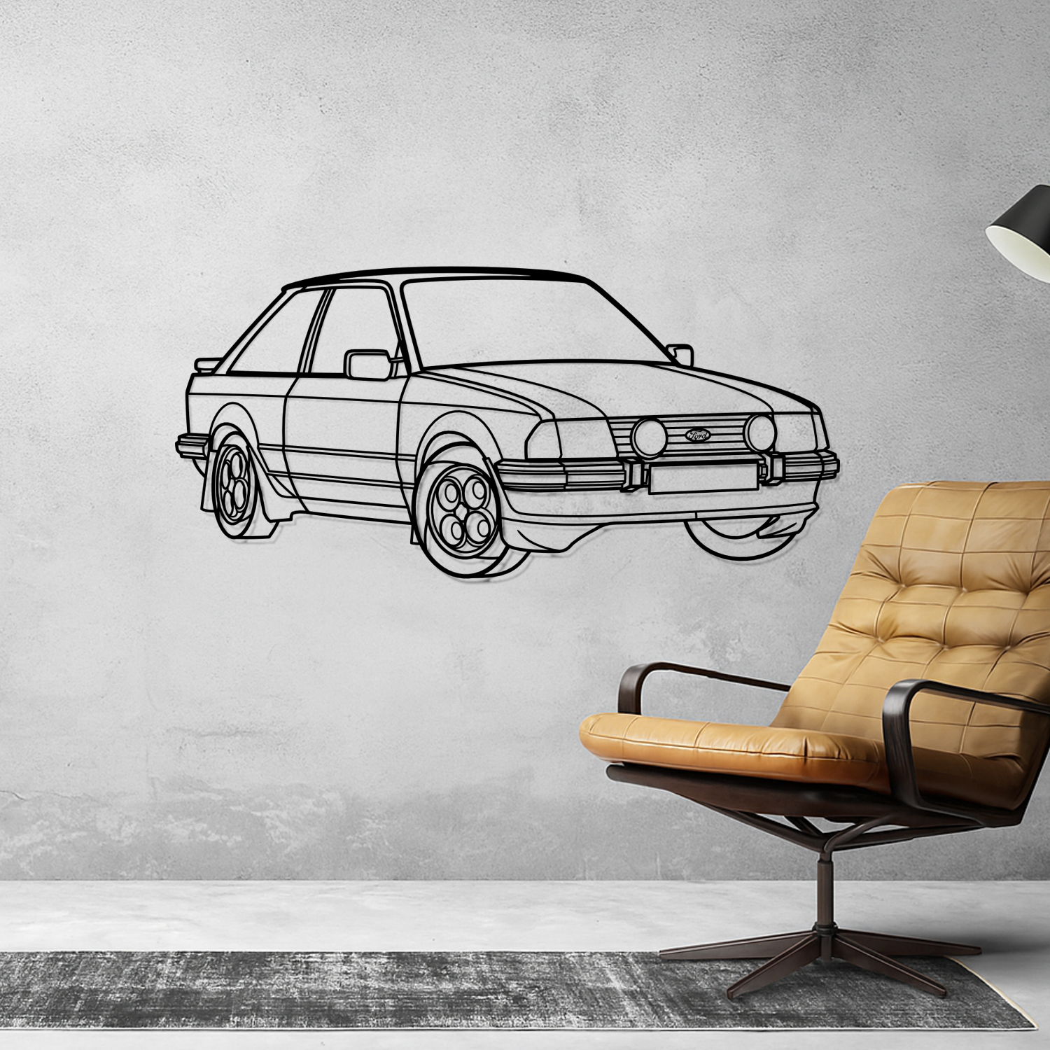 Ford Escort XR3 (1980-1986) - Perspetiva 3D Frente - Silhueta de Metal